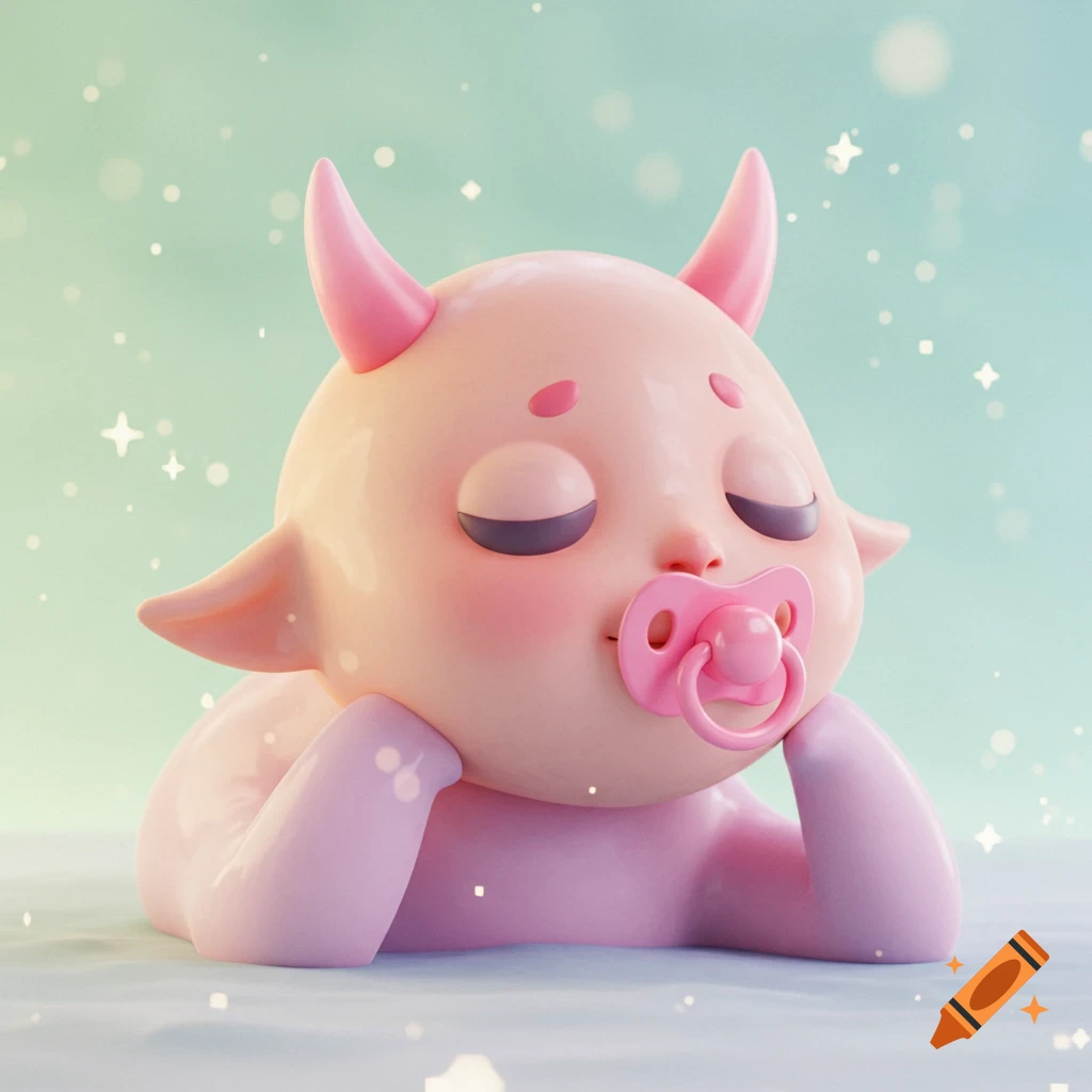 A sleeping, cute 3D pastel pink baby creature with small horns and a pink pacifier.