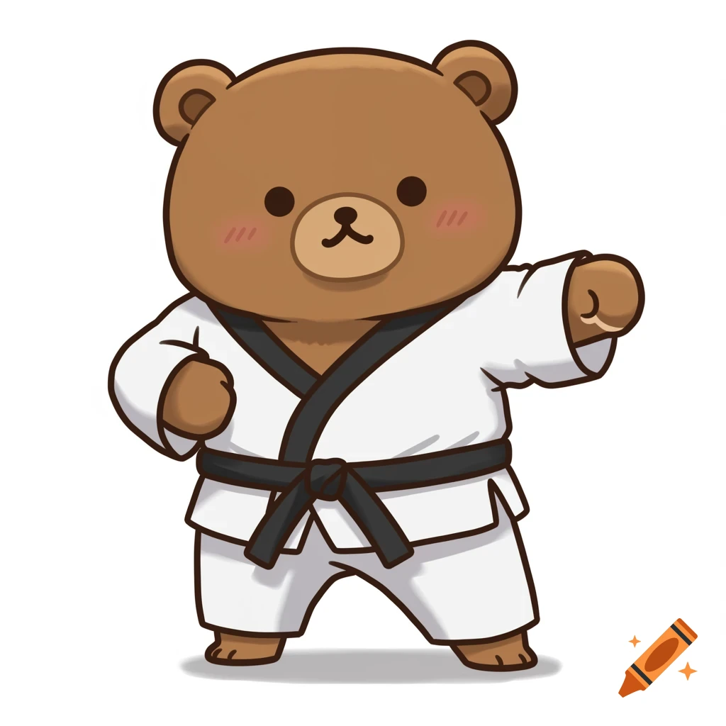 A cute brown cartoon bear wearing a white taekwondo dobok with a black belt, in a fighting stance on a white background.