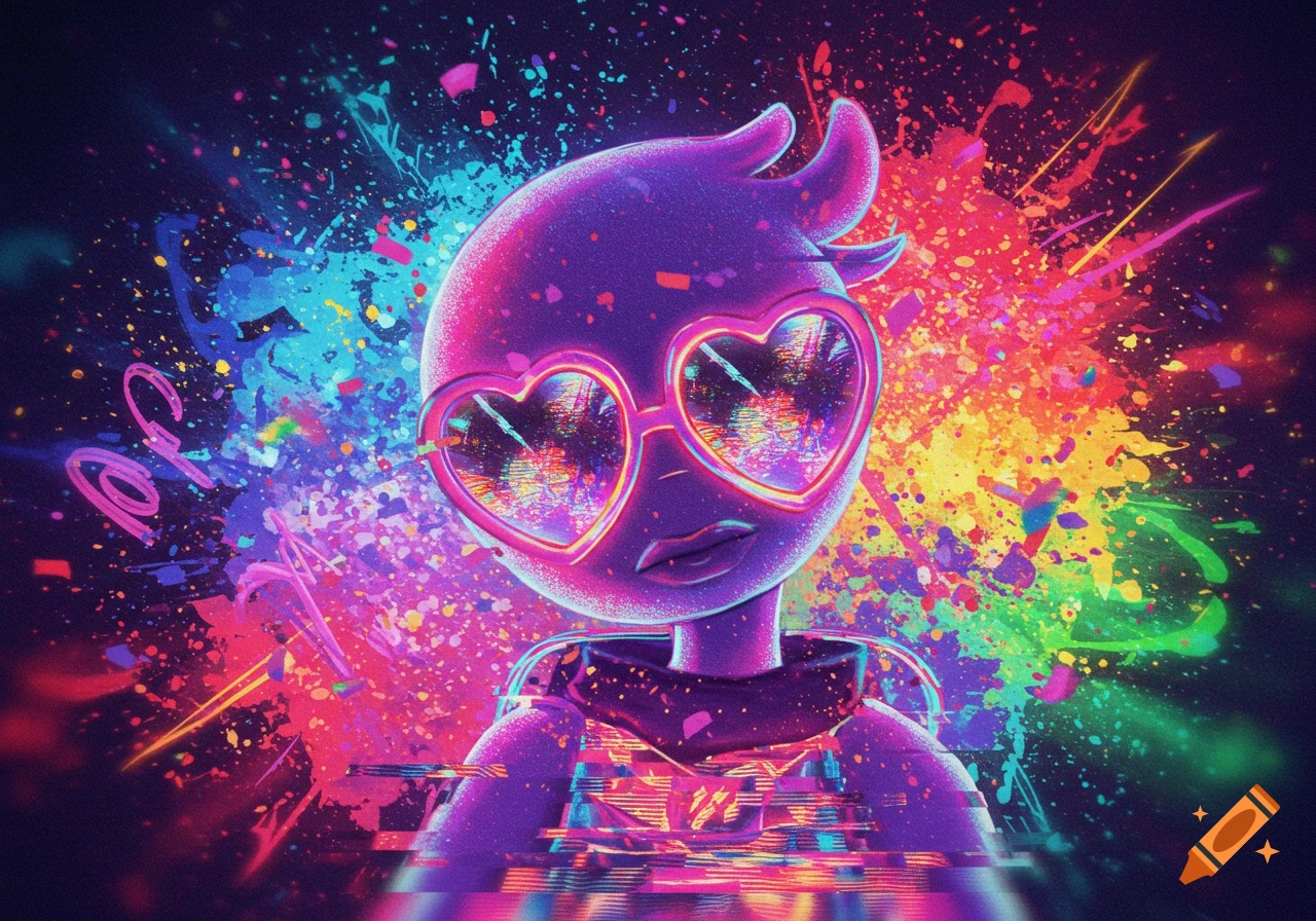 A vibrant, purple stylized character with heart-shaped glasses amidst neon paint splatters and glitch effects.