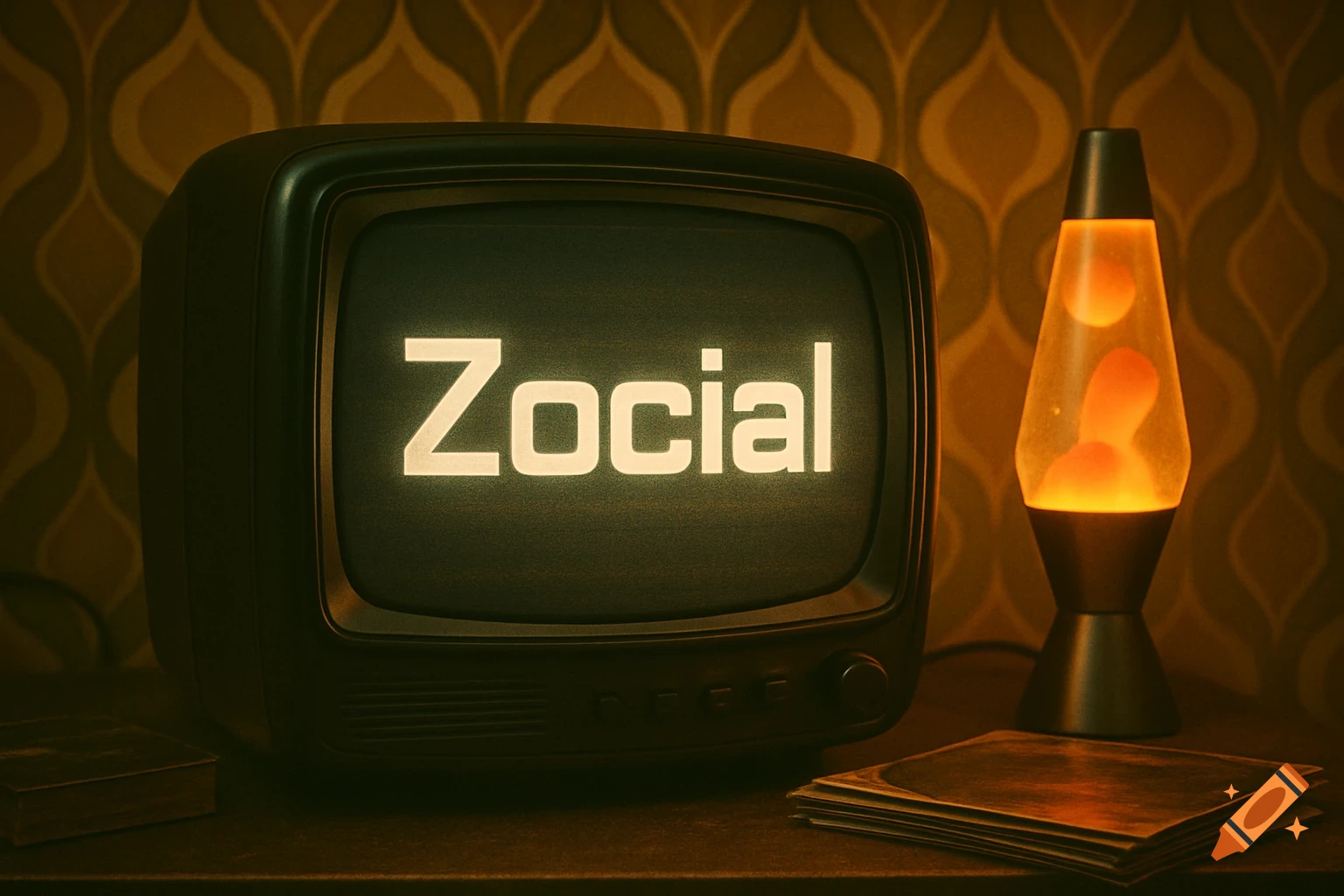 A retro CRT television displaying the word 'Zocial' next to a glowing orange lava lamp in a dimly lit room with patterned wallpaper.