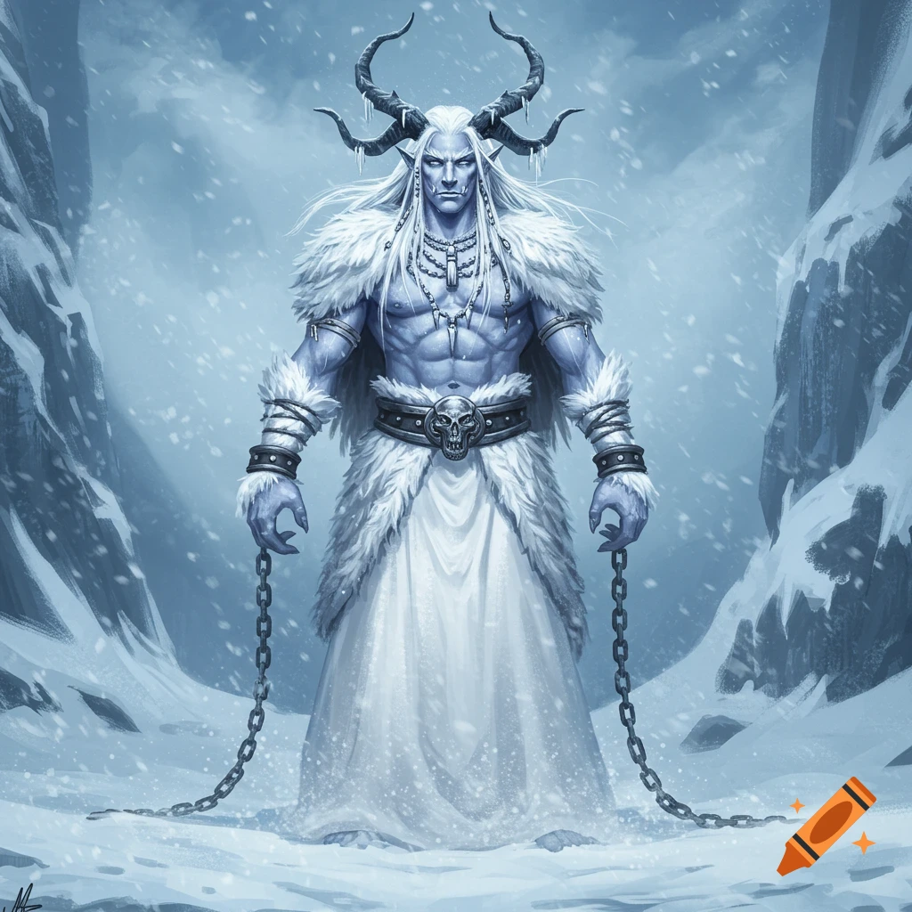 A powerful, horned elf-like man with white skin and long white hair, wearing furs and chains, stands in a snowy mountain landscape.