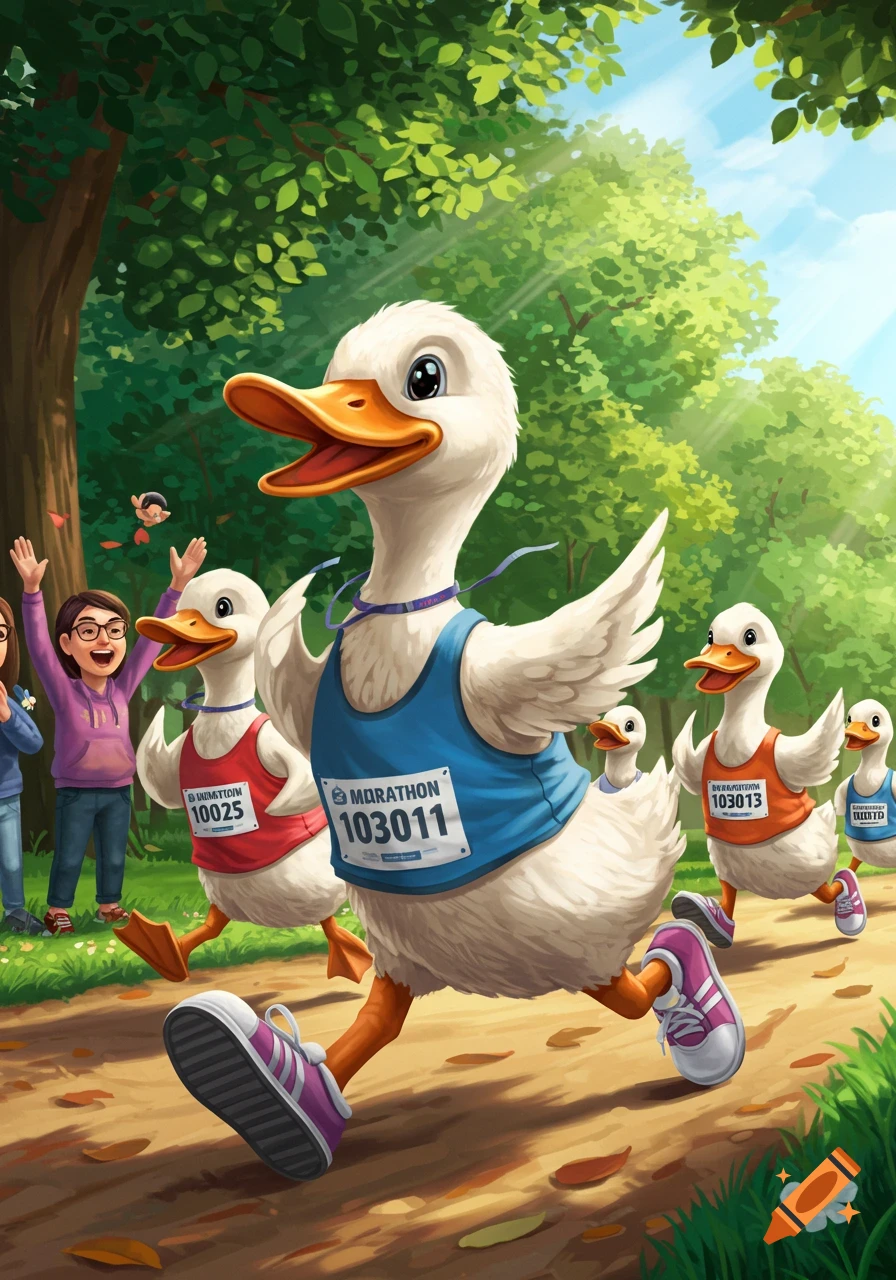 Cartoon ducks in running shoes and marathon bibs race through a sunlit forest, cheered by people.