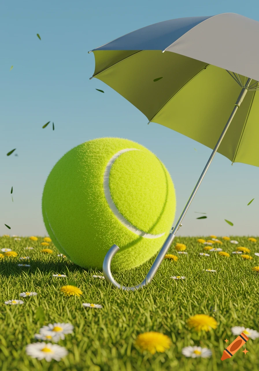A large tennis ball and a green umbrella are in a sunny field of grass and wildflowers. Small leaves fall from a clear blue sky.