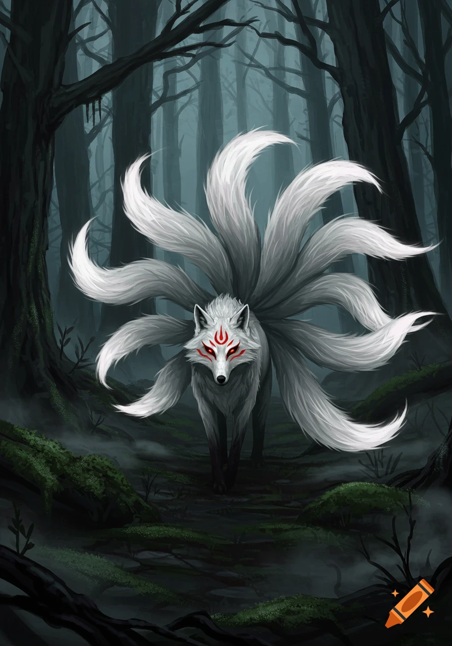 A white nine-tailed fox with red markings on its face stands in a dark, misty forest, looking forward.