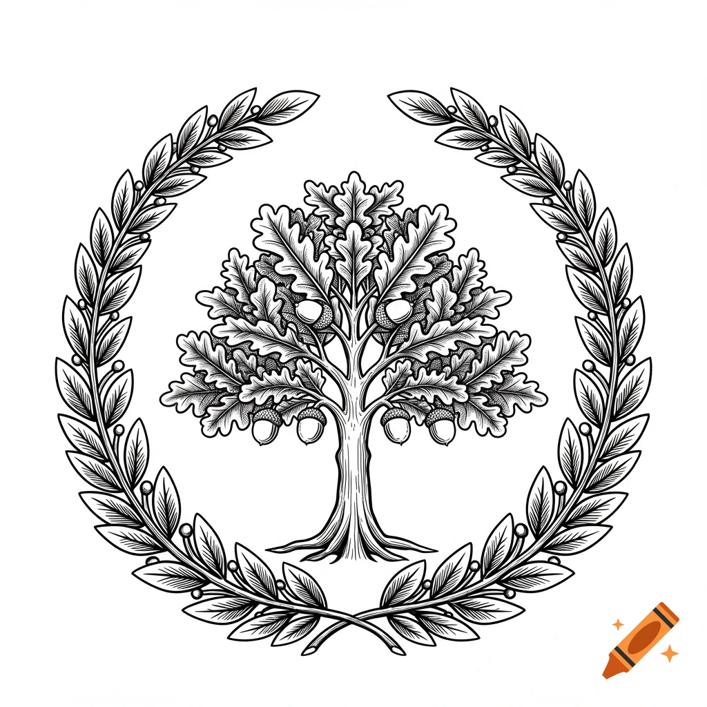 Black and white illustration of an oak tree with acorns, encircled by a laurel wreath.