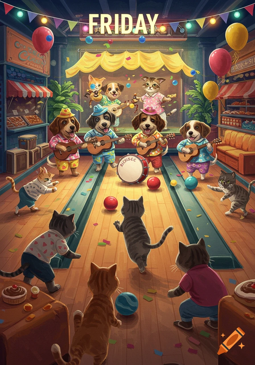 A vibrant cartoon illustration showing a group of dogs playing musical instruments on a stage, with cats bowling in an alley below, celebrating Friday.