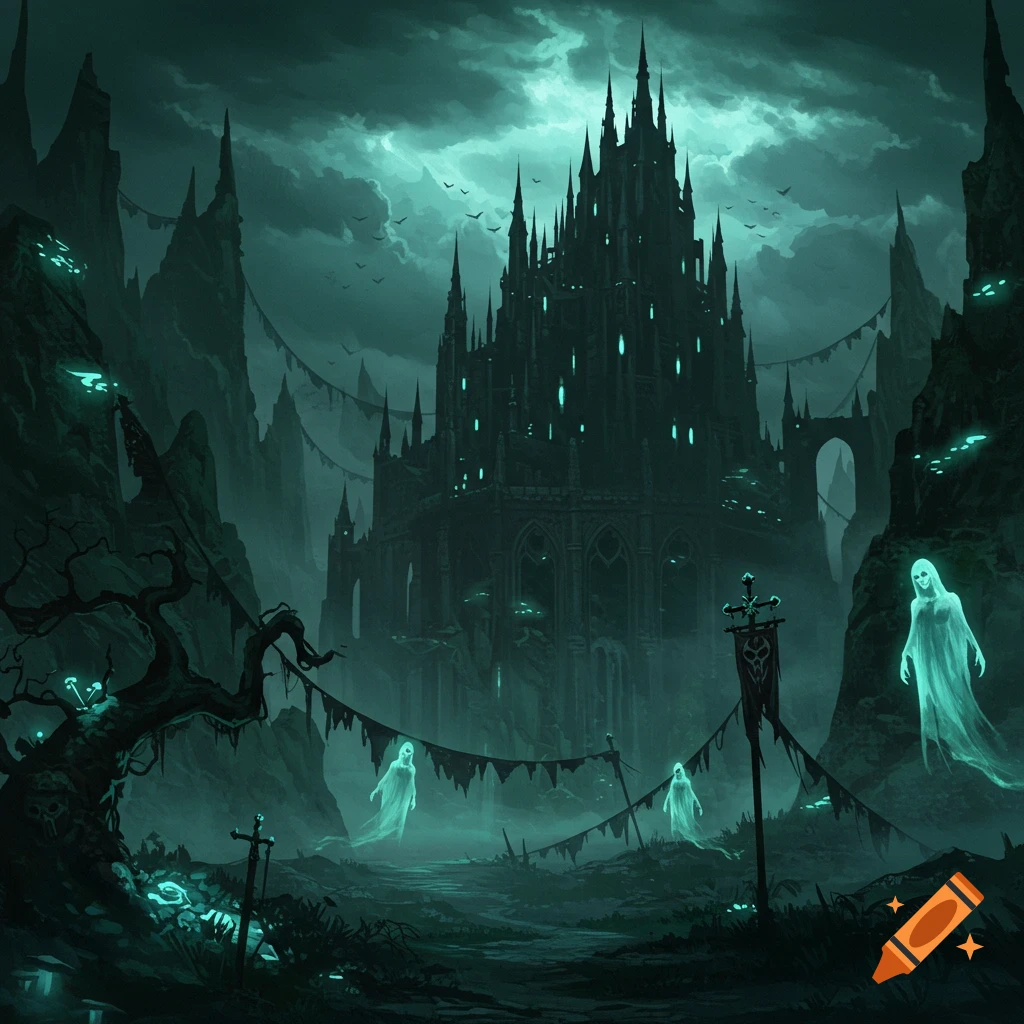 Dark gothic castle with glowing windows, surrounded by jagged mountains and misty ground with ethereal ghosts.