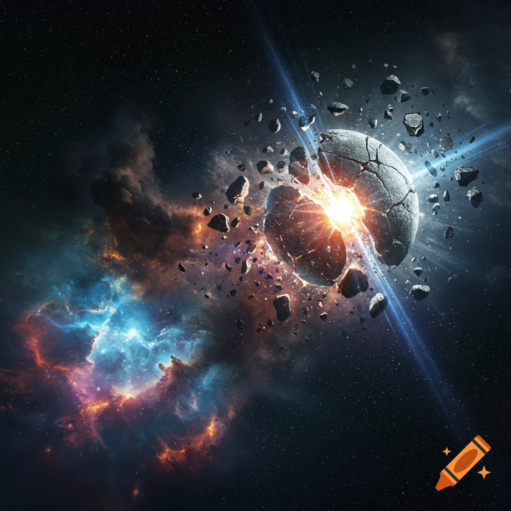 A celestial body explodes, scattering debris, with a bright core against a backdrop of colorful nebulae and stars.