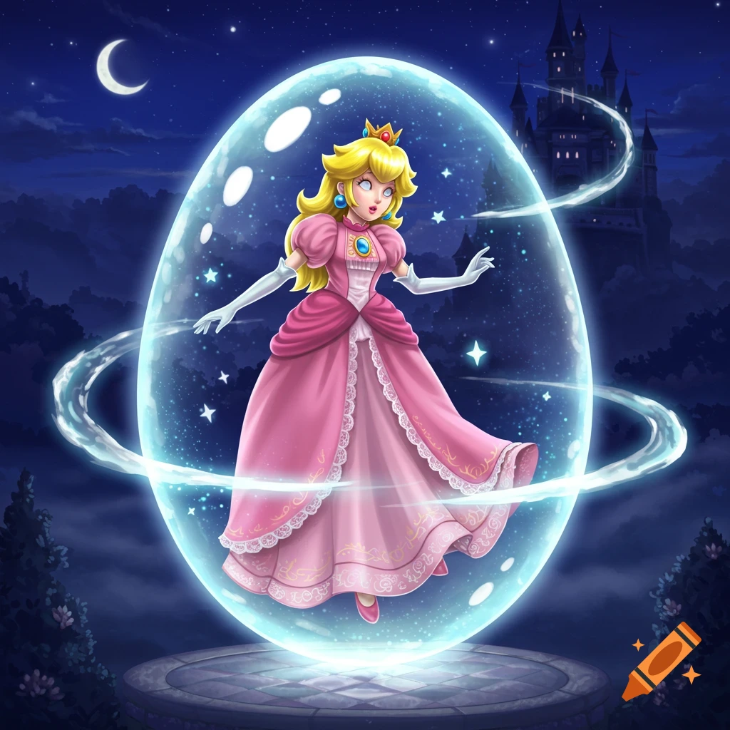 Princess Peach in a pink dress, suspended in a glowing blue magic bubble under a starry night sky with a castle.