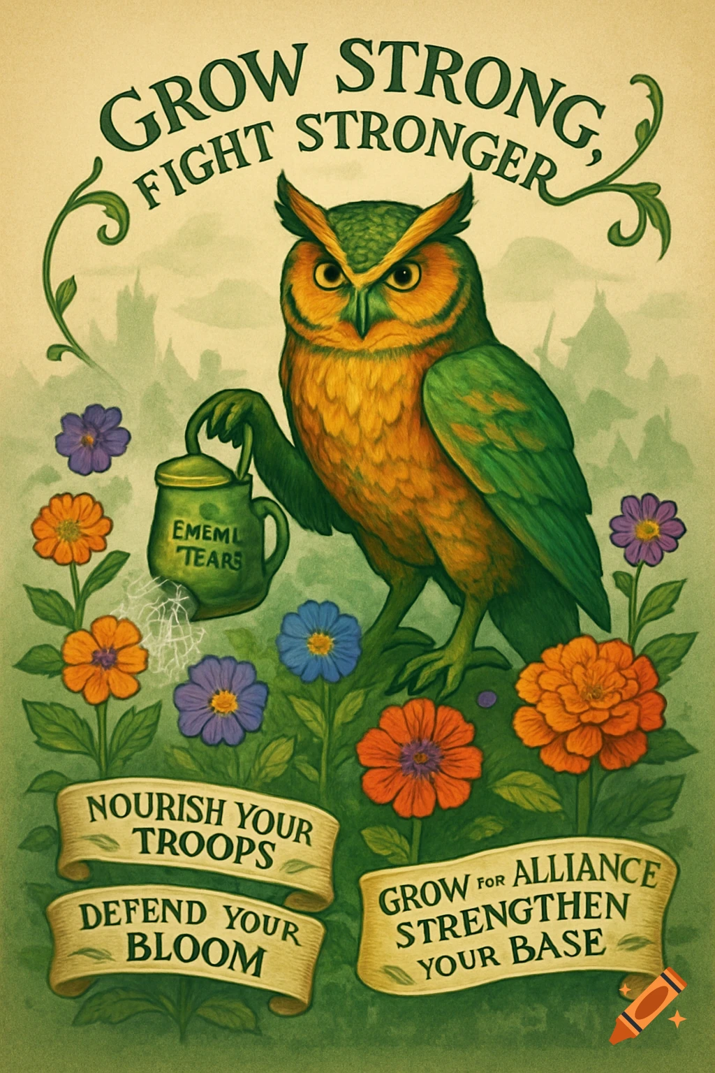 An illustration of a green and orange owl in a garden of colorful flowers, holding a watering can labeled "EMEML TEARS". Banners below read "NOURISH YOUR TROOPS, DEFEND YOUR BLOOM" and "GROW FOR ALLIANCE STRENGTHEN YOUR BASE". "GROW STRONG, FIGHT STRONGER" arches above.