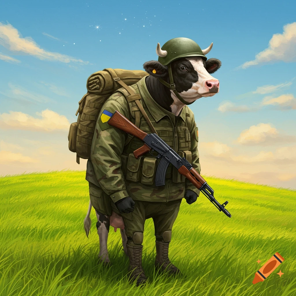 An anthropomorphic cow wearing a military uniform, helmet, and backpack, holding a rifle, standing in a green field under a blue sky.
