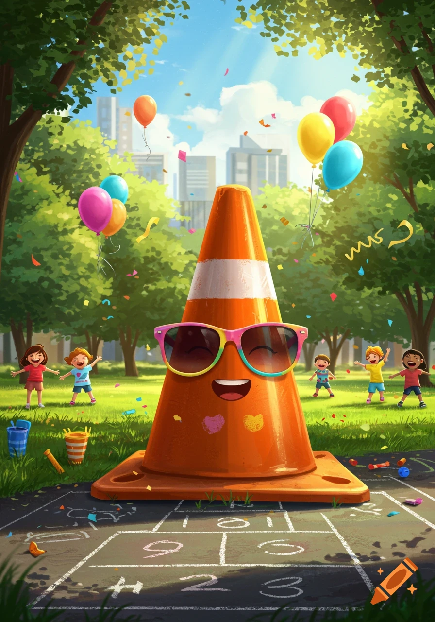 A cheerful anthropomorphic orange traffic cone with sunglasses stands in a vibrant park with confetti, balloons, and children playing hopscotch.