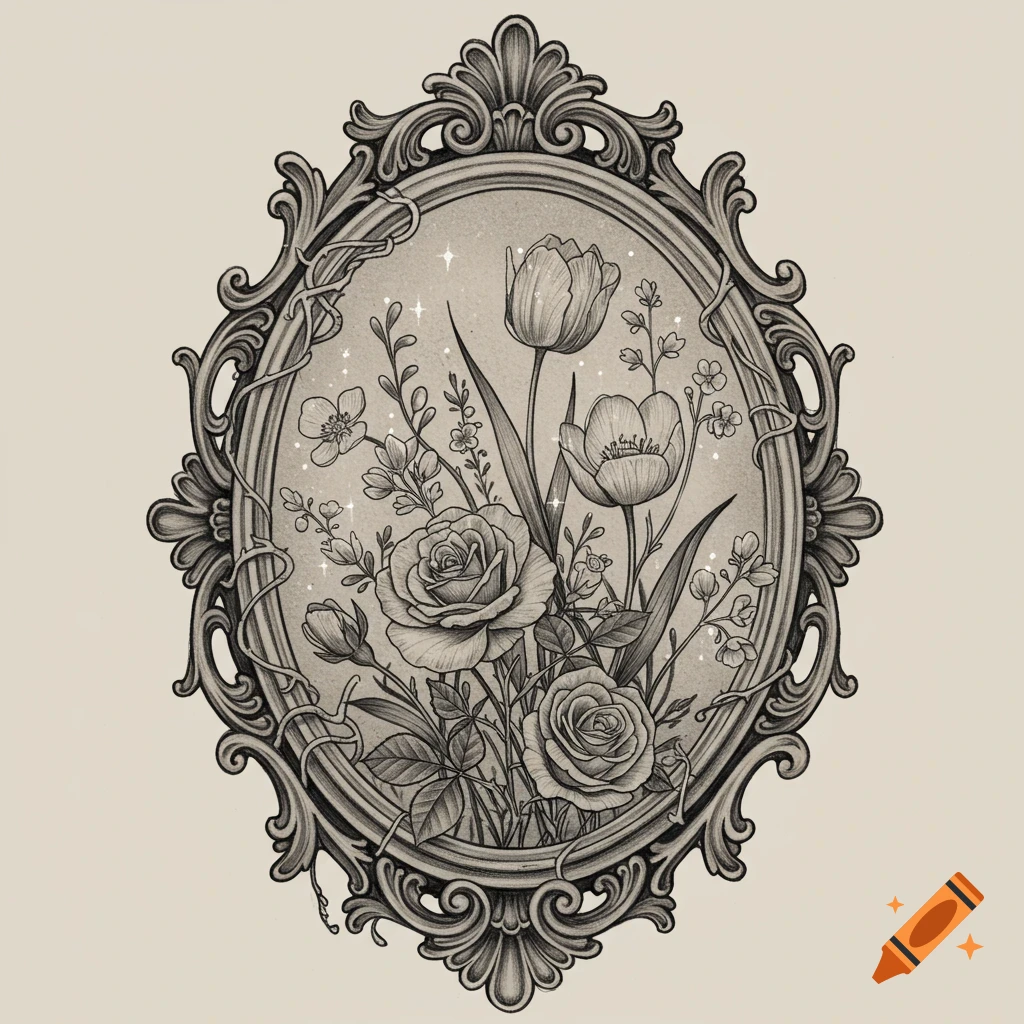 A black and grey illustration of an ornate oval frame filled with roses, tulips, and other flowers and vines, with subtle sparkles.