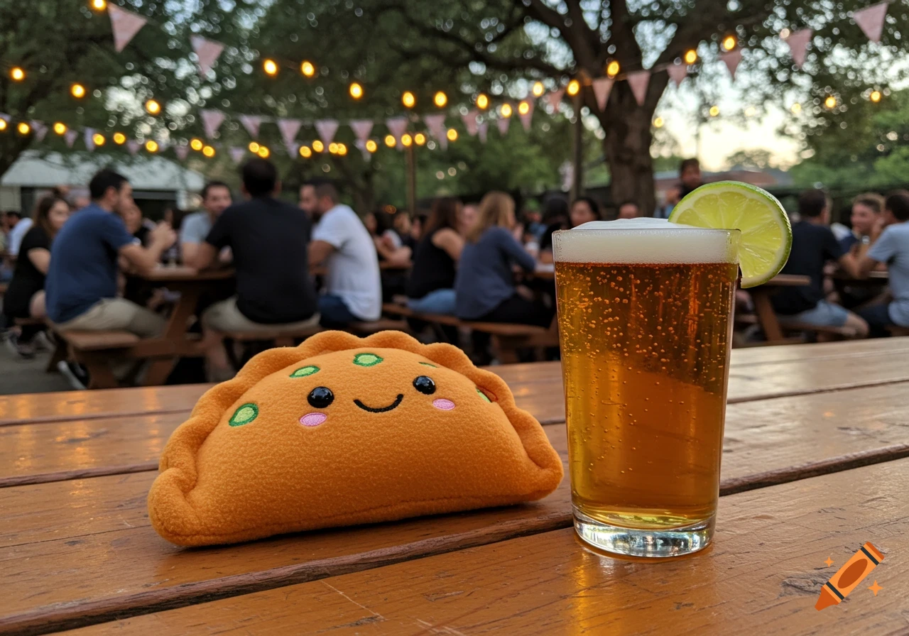 An orange pierogi plush toy and a glass of beer with a lime wedge sit on a wooden table in an outdoor patio with string lights.