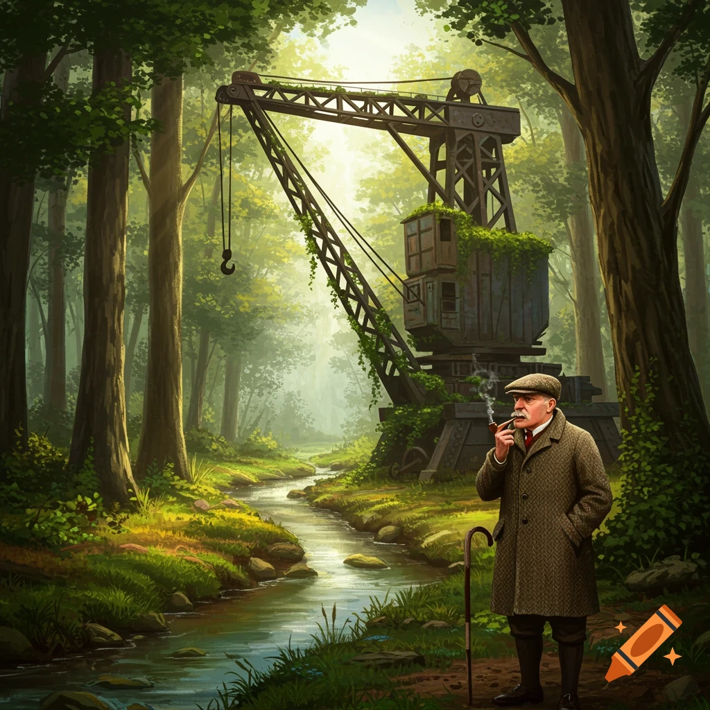 A gentleman smoking a pipe stands by a stream in a lush forest with an old, overgrown gantry crane in the background. Digital painting style.