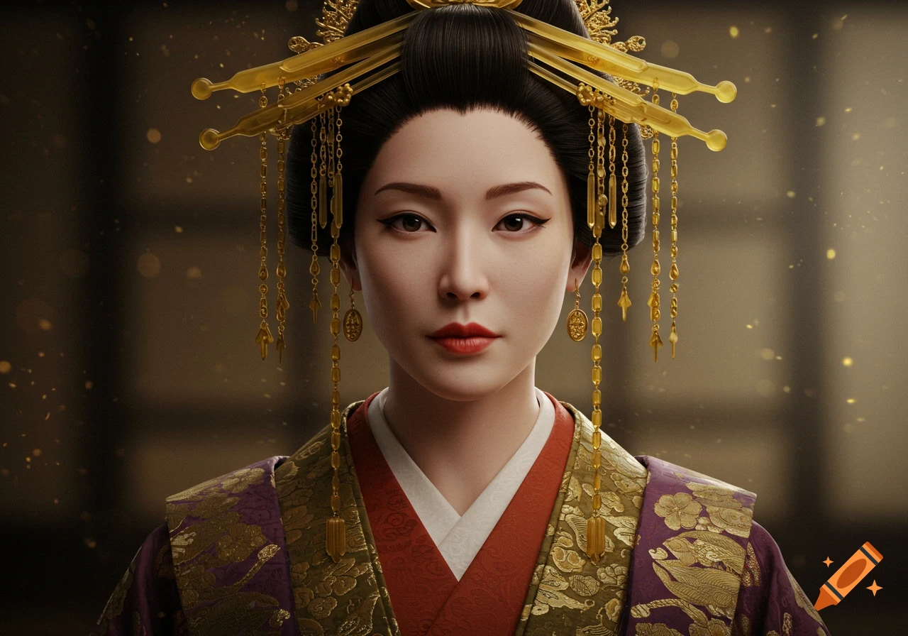 Realistic portrait of a woman in elaborate traditional East Asian attire and golden headdress.