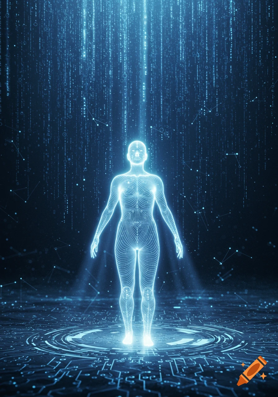 Glowing wireframe human figure stands on a circuit board amidst falling blue data streams in a dark, high-tech setting.
