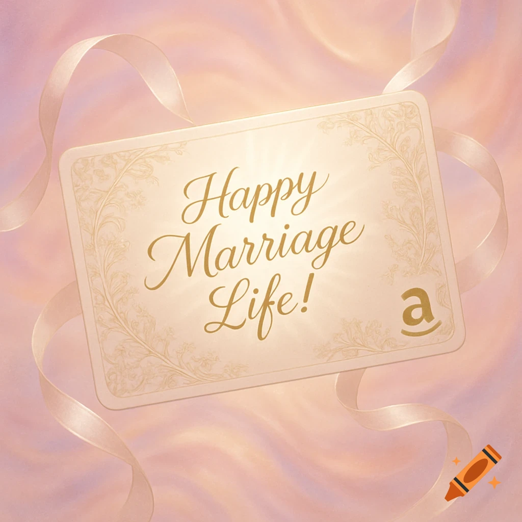 An Amazon gift card with 'Happy Marriage Life!' in golden script, surrounded by ribbons on a soft pink background.