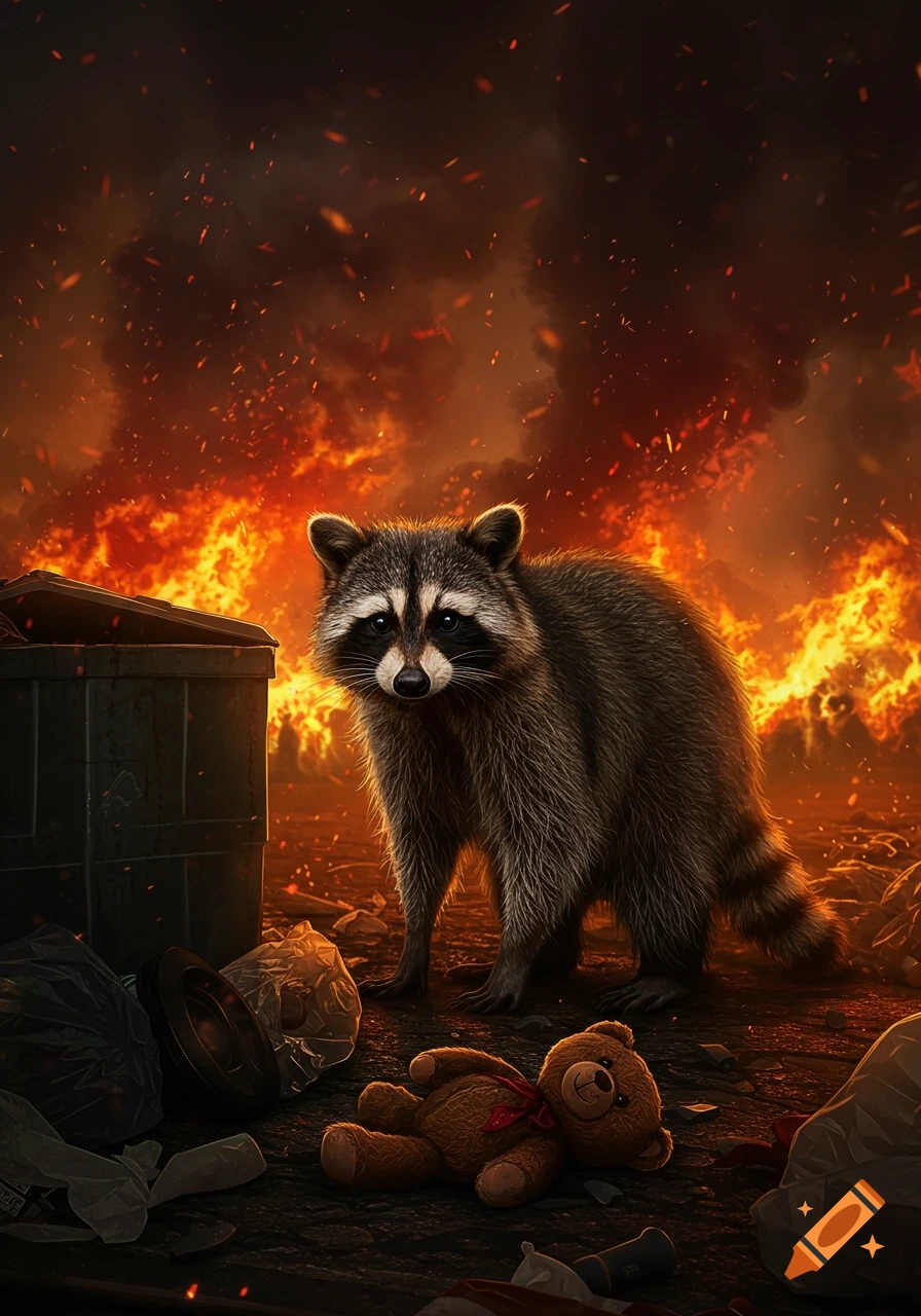 A photorealistic raccoon stands in a fiery, trash-filled landscape next to a dumpster and a discarded teddy bear.