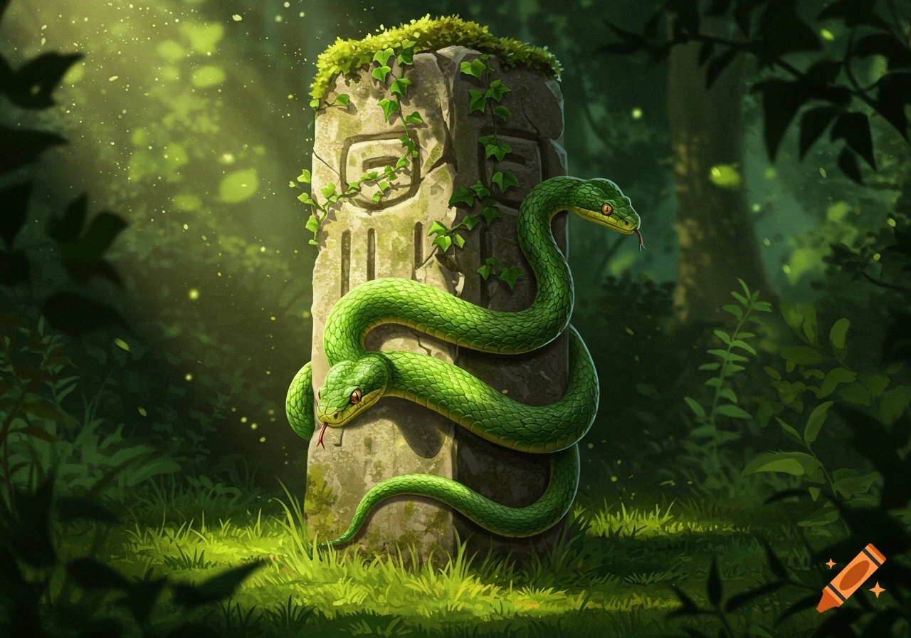 Two green snakes coil around a mossy stone pillar in a lush, sunlit jungle. Digital painting.