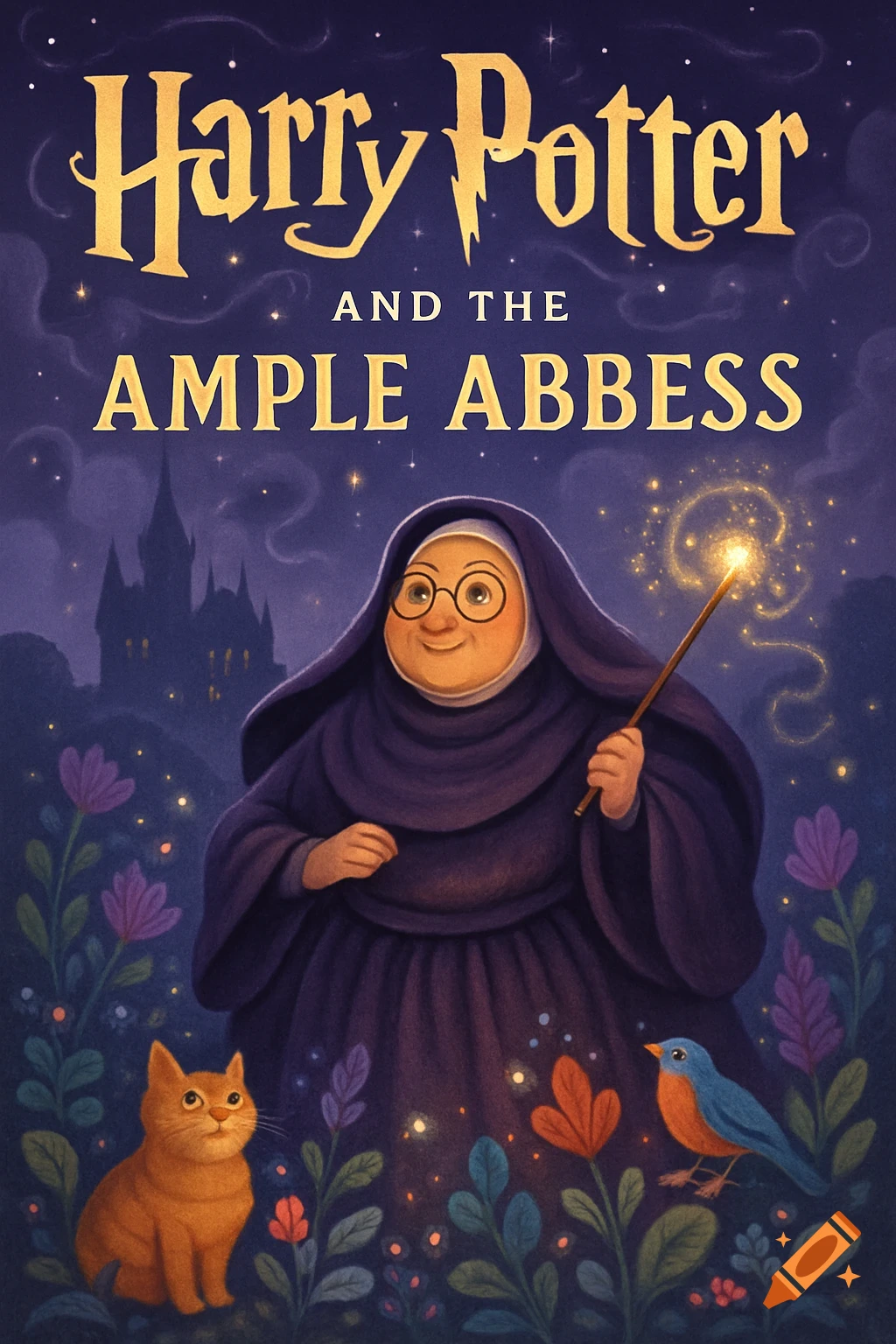 Whimsical book cover for 'Harry Potter and the Ample Abbess' featuring a nun with a magic wand, a cat, bird, and castle under a starry night.