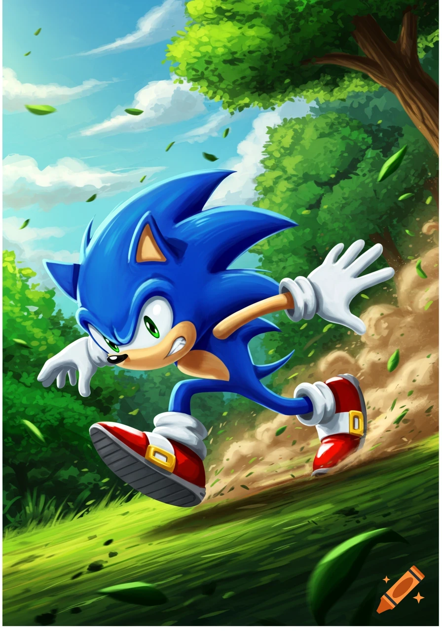 Sonic the Hedgehog runs dynamically through a green forest with leaves flying, in a vibrant cartoon illustration.
