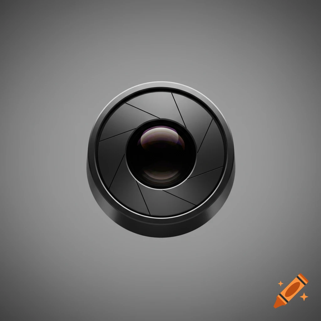 A dark, metallic camera lens icon with open aperture blades and a glossy central lens, set against a smooth gray background.