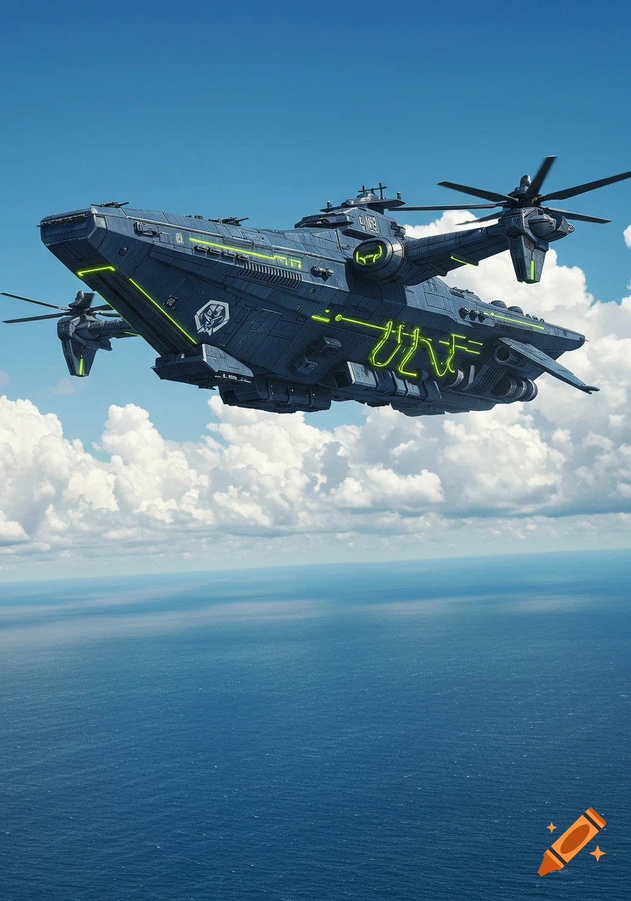 A massive, futuristic gray Helicarrier with neon green accents flies over a vast blue ocean under a partly cloudy sky.