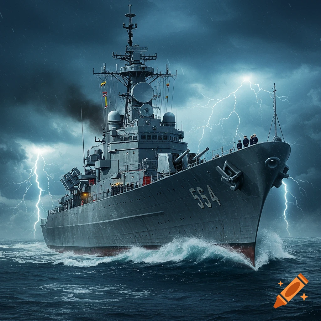 A large grey warship sails through stormy dark blue ocean waters under a lightning-filled sky.
