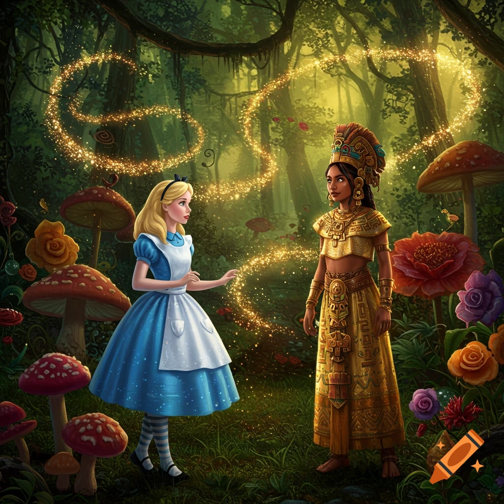 Alice in her blue dress stands with Chel in golden attire, surrounded by glowing mushrooms and magical light in a vibrant forest.