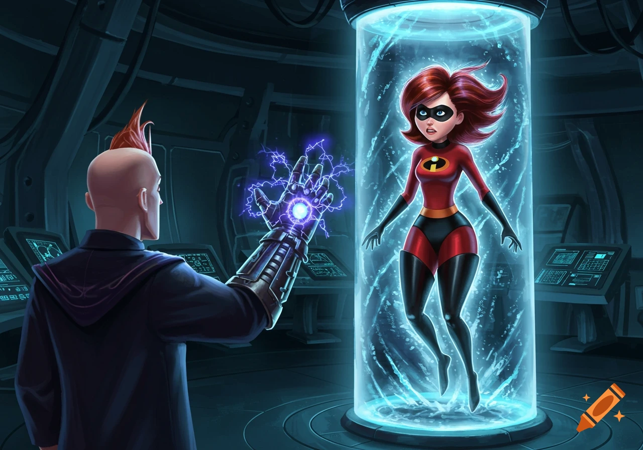 Syndrome, with a glowing gauntlet, observes Elastigirl suspended in a blue stasis tube in a futuristic lab. Cartoon style.