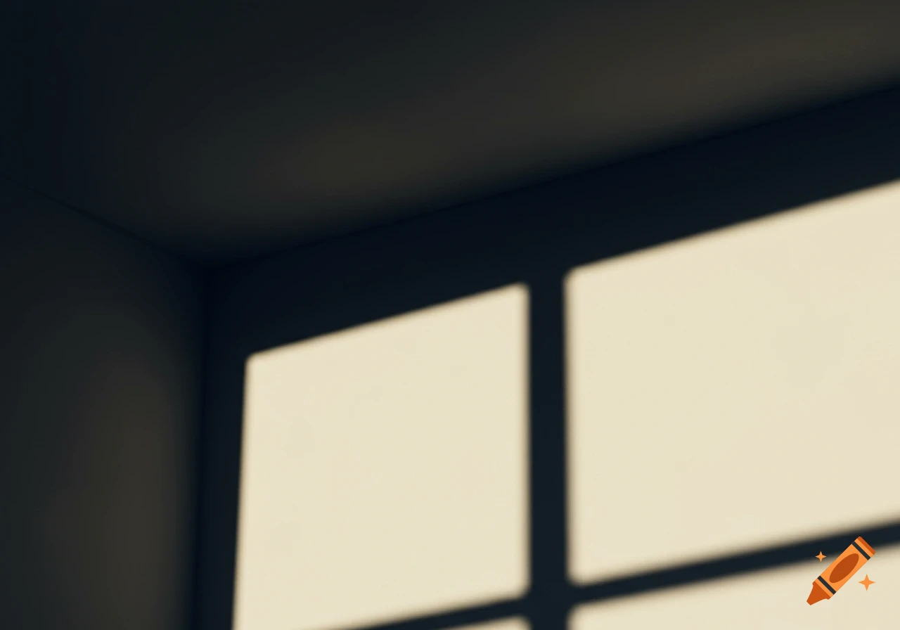 Sunlight streams into a dark room, casting geometric window shadows on the light-colored wall and floor.