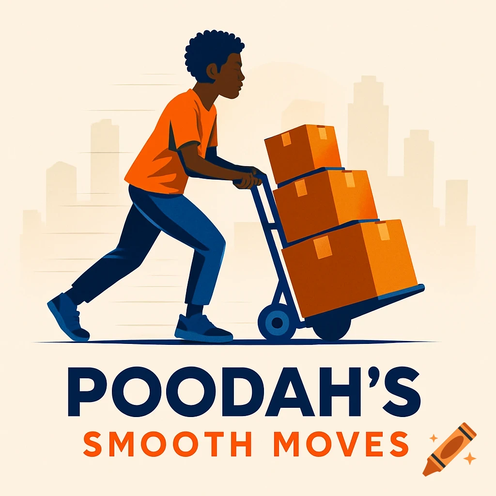 Stylized illustration of a person pushing a hand truck with boxes, text 'POODAH'S SMOOTH MOVES'.