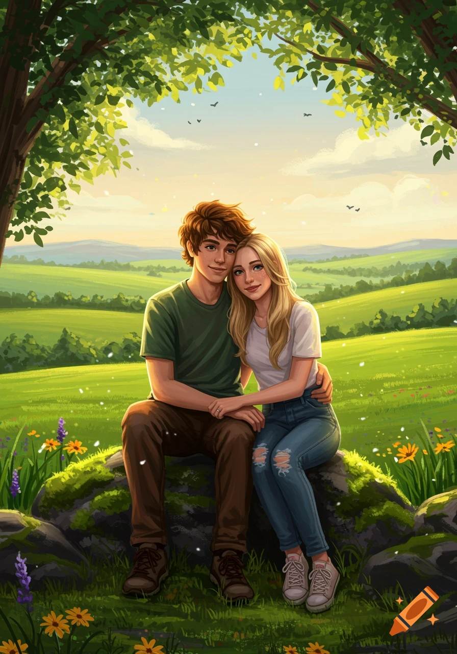 An illustration of a young couple, a man with brown hair and a woman with blonde hair, sitting on rocks in a lush green field under a tree.