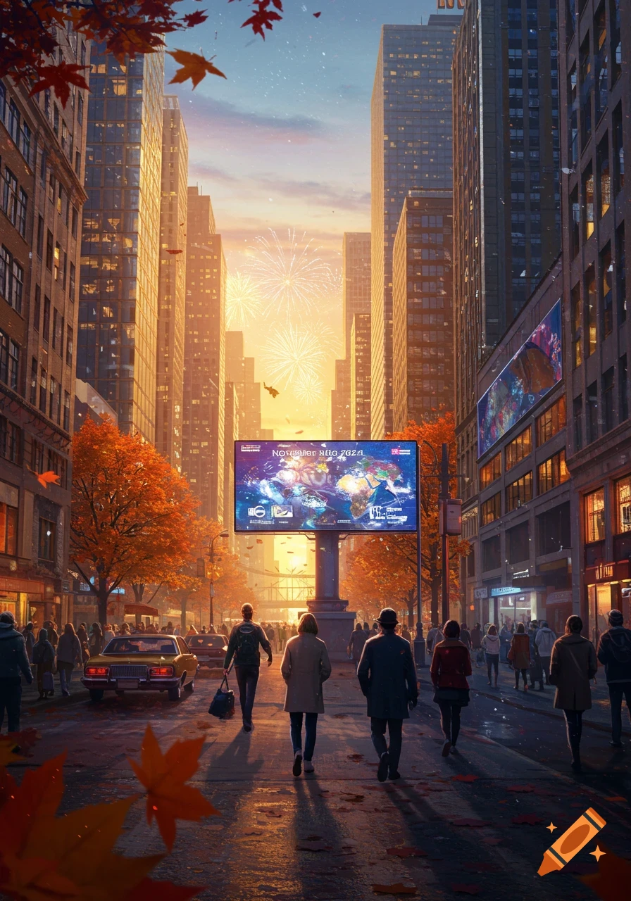 Vibrant autumn cityscape at dusk with people walking on a street, tall buildings, golden trees, a large billboard, and fireworks in the distance.