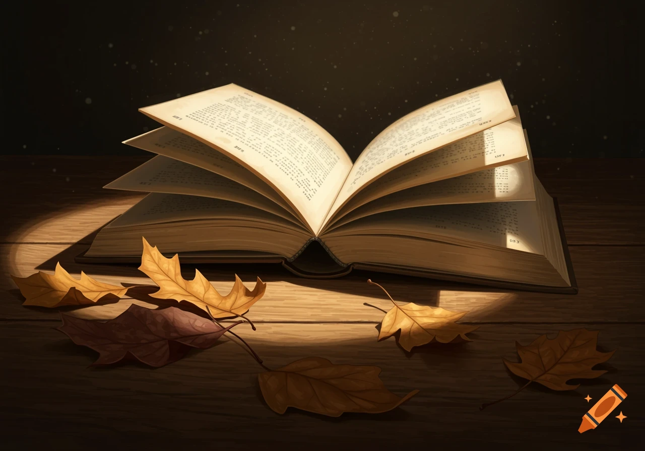 An open book illuminated by a spotlight on a wooden table, surrounded by scattered autumn leaves.