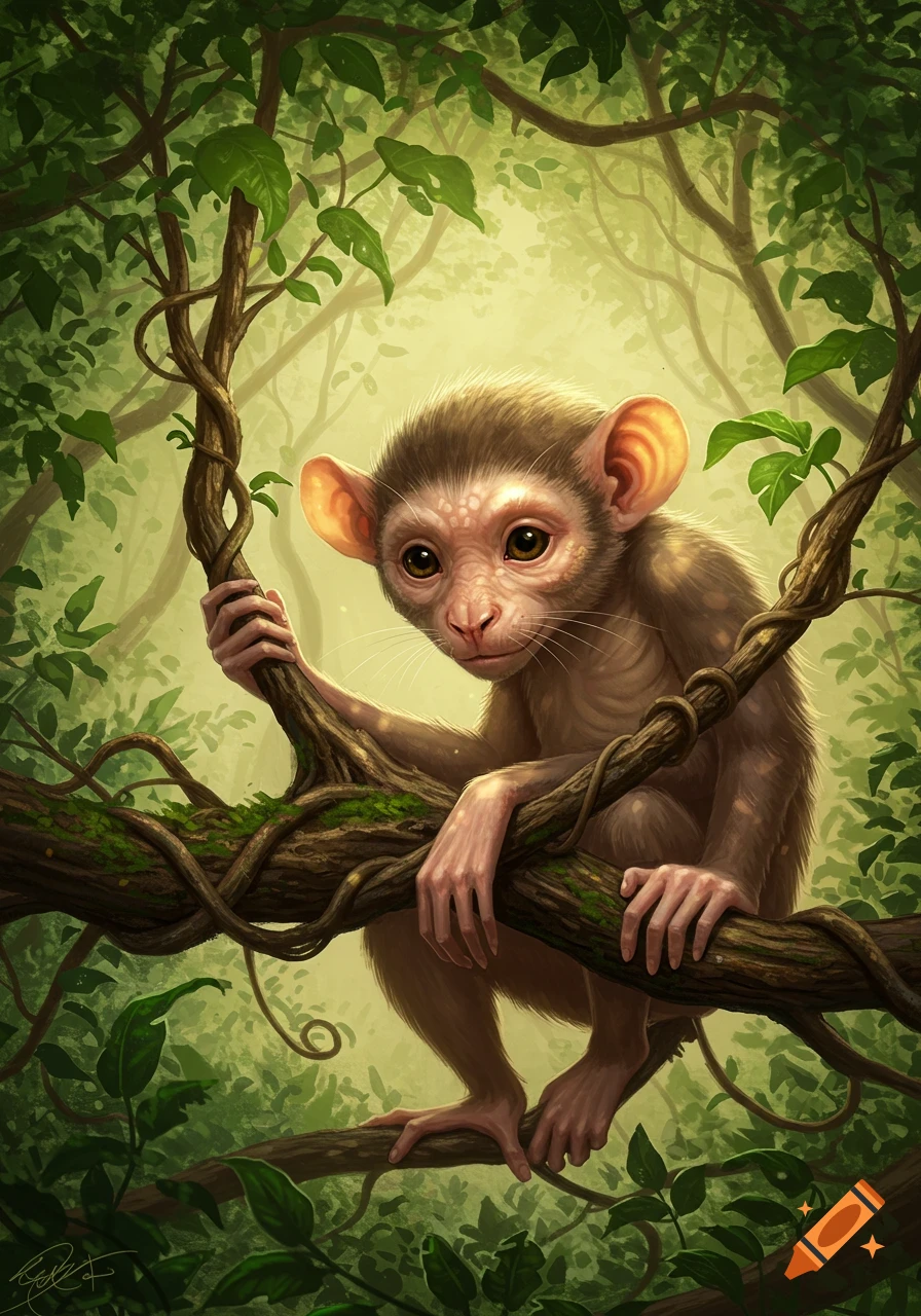 A small, brown, monkey-like creature with large ears and big eyes clings to a mossy branch in a bright jungle.