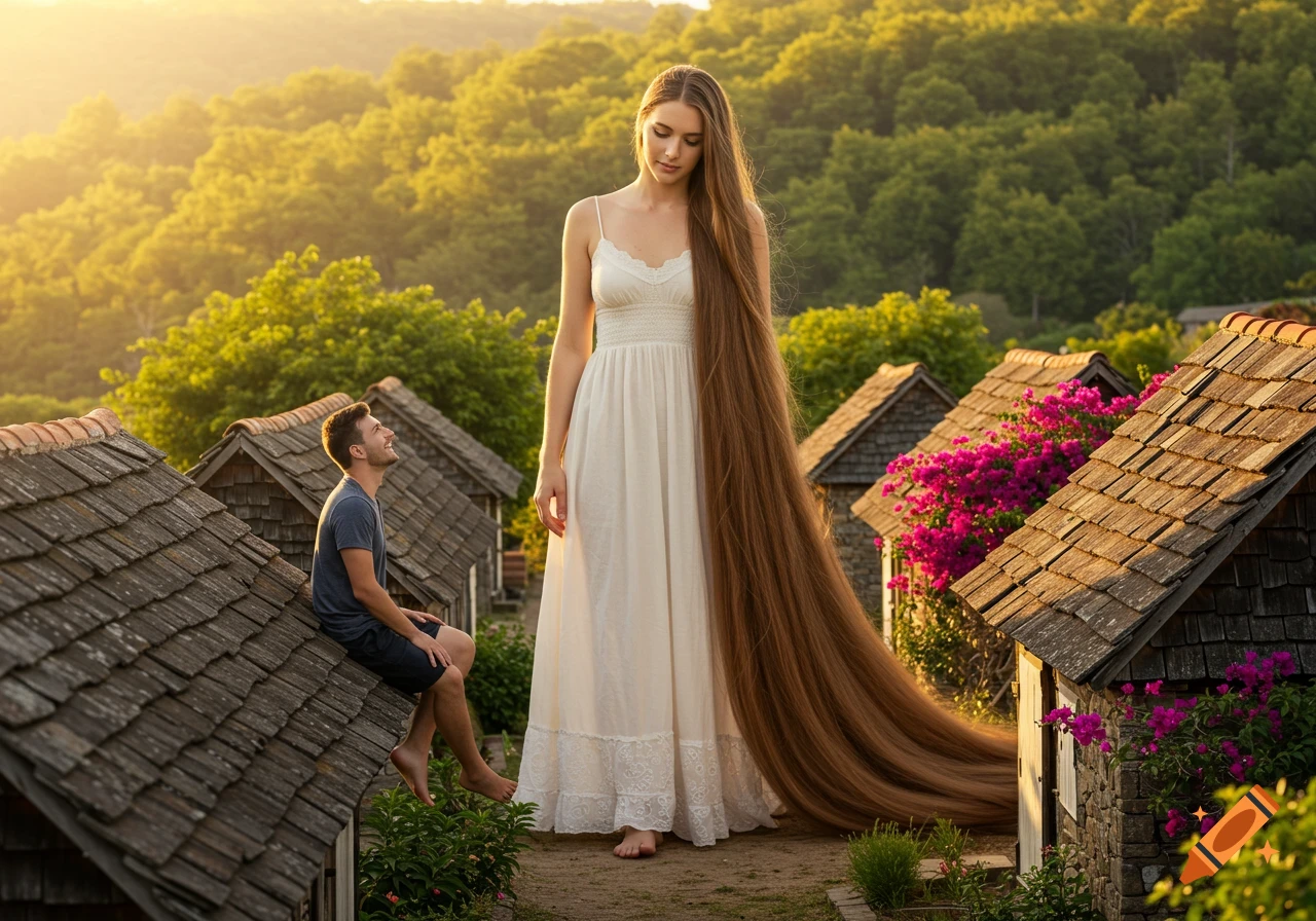 A photorealistic image of a giantess with long hair standing in a village, looking down at a man sitting on a roof at sunset.