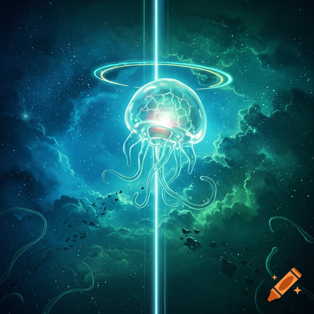 A glowing, translucent jellyfish-like creature illuminated by a bright vertical beam of light, against a cosmic background of blue and green nebulae and stars.
