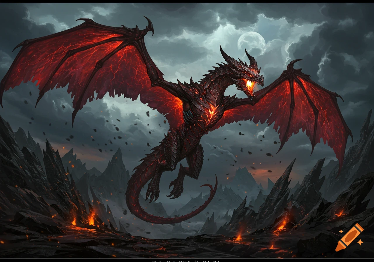 A red and black fantasy dragon with glowing eyes and chest flying over a dark, volcanic landscape under a full moon.