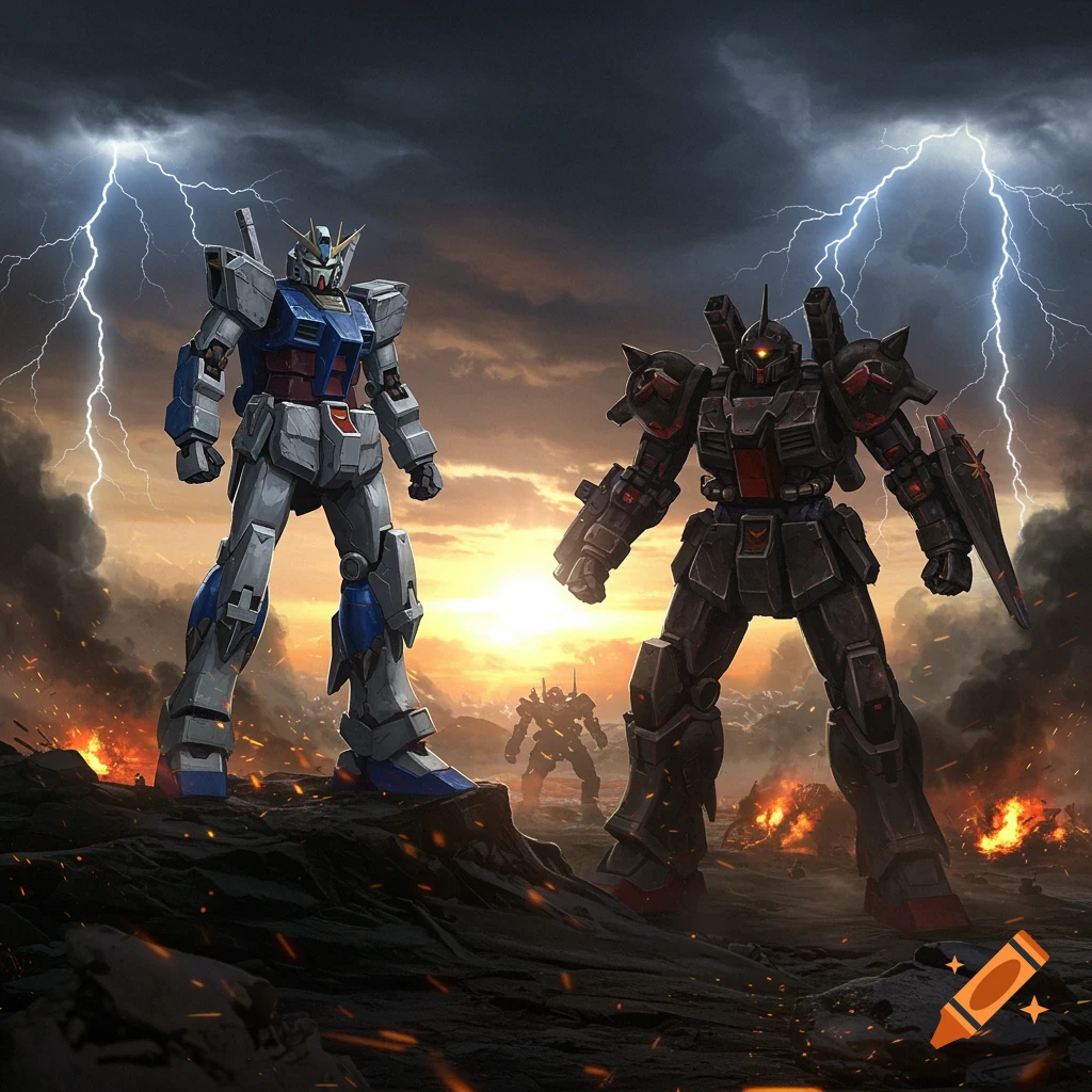 Two large robots, one white and blue, one dark, stand on a rocky, war-torn landscape under a stormy, lightning-filled sky with explosions.