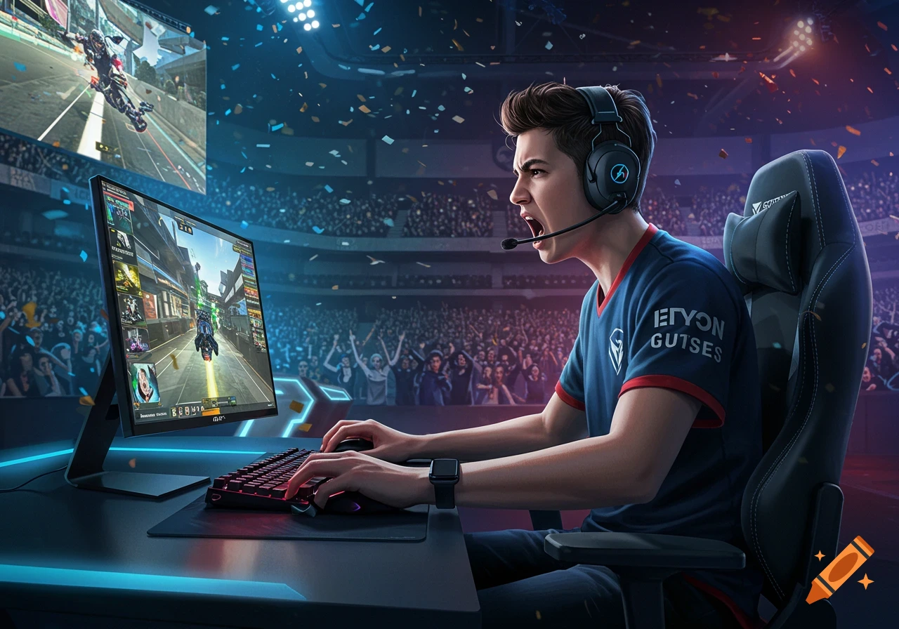 A young male gamer with a headset reacts intensely while playing on a computer at an esports arena, with a large crowd cheering in the background.