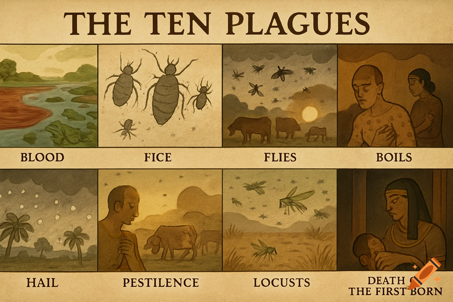 An illustrated grid depicting eight of the Ten Plagues from the Bible, including blood, lice (misspelled as fice), flies, boils, hail, pestilence, locusts, and death of the firstborn.