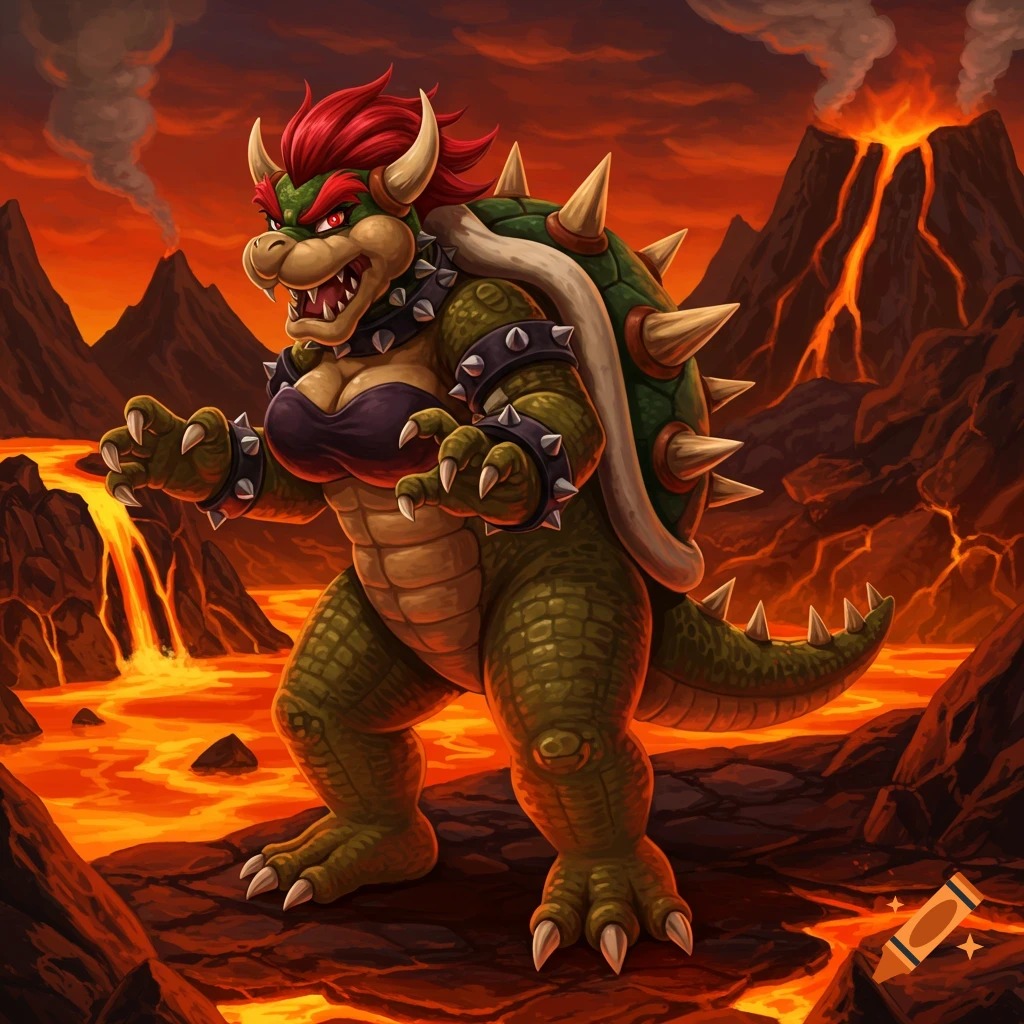 A female Bowser character, Bowsette, stands in a fiery volcanic landscape with lava flowing.