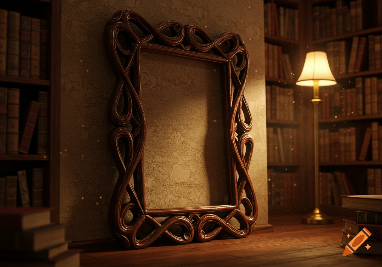 An ornate, curled wooden frame leans against a textured wall in a dimly lit library with bookshelves and a floor lamp.