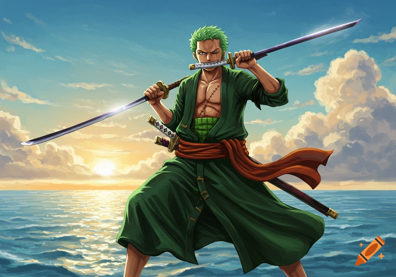 Zoro from One Piece stands on the ocean at sunset, holding two katanas and one in his mouth, in an anime style.