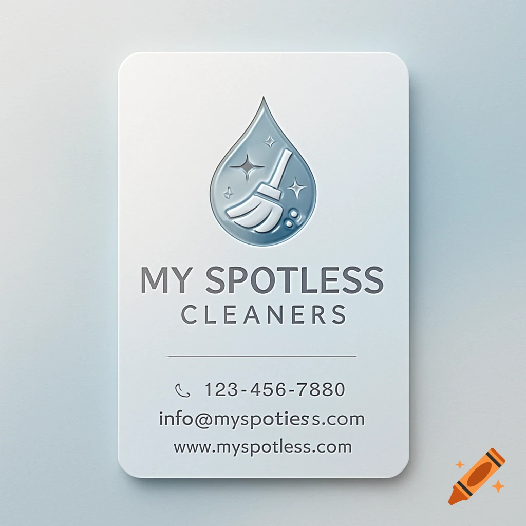 A minimalist white business card for My Spotless Cleaners with a blue drop and broom logo. It includes contact details like phone, email, and website.