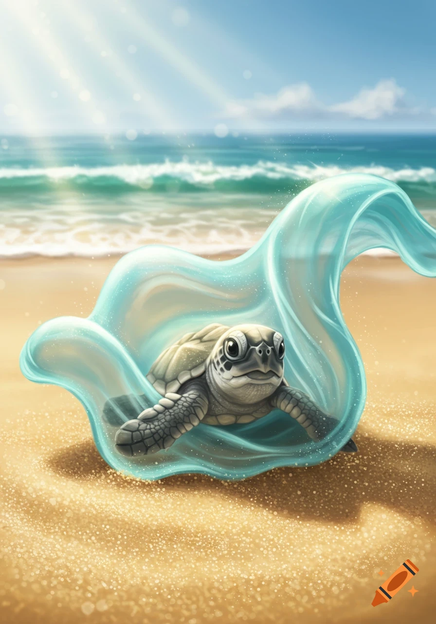 A cute baby sea turtle on a sandy beach, partially enveloped by a translucent blue wave-like element, with ocean waves and sunshine in the background.
