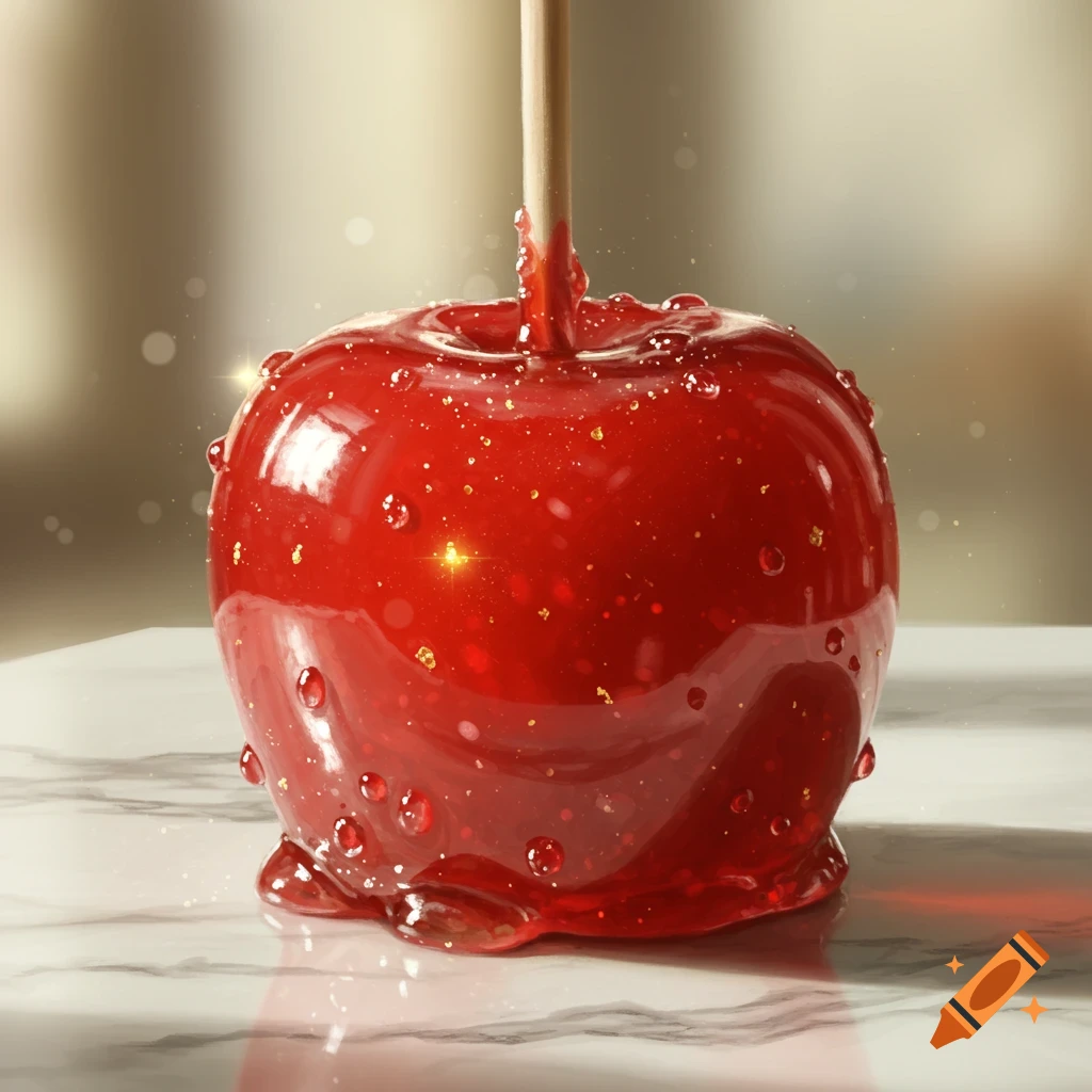A hyperrealistic shiny red candy apple with golden glitter and water droplets, on a white marble surface.