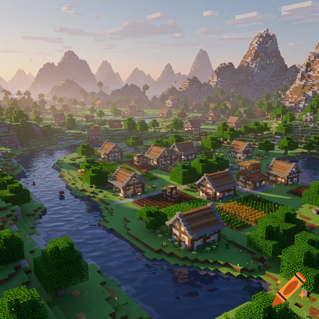 A vibrant, blocky Minecraft village with a winding river, surrounded by mountains under a bright sky.